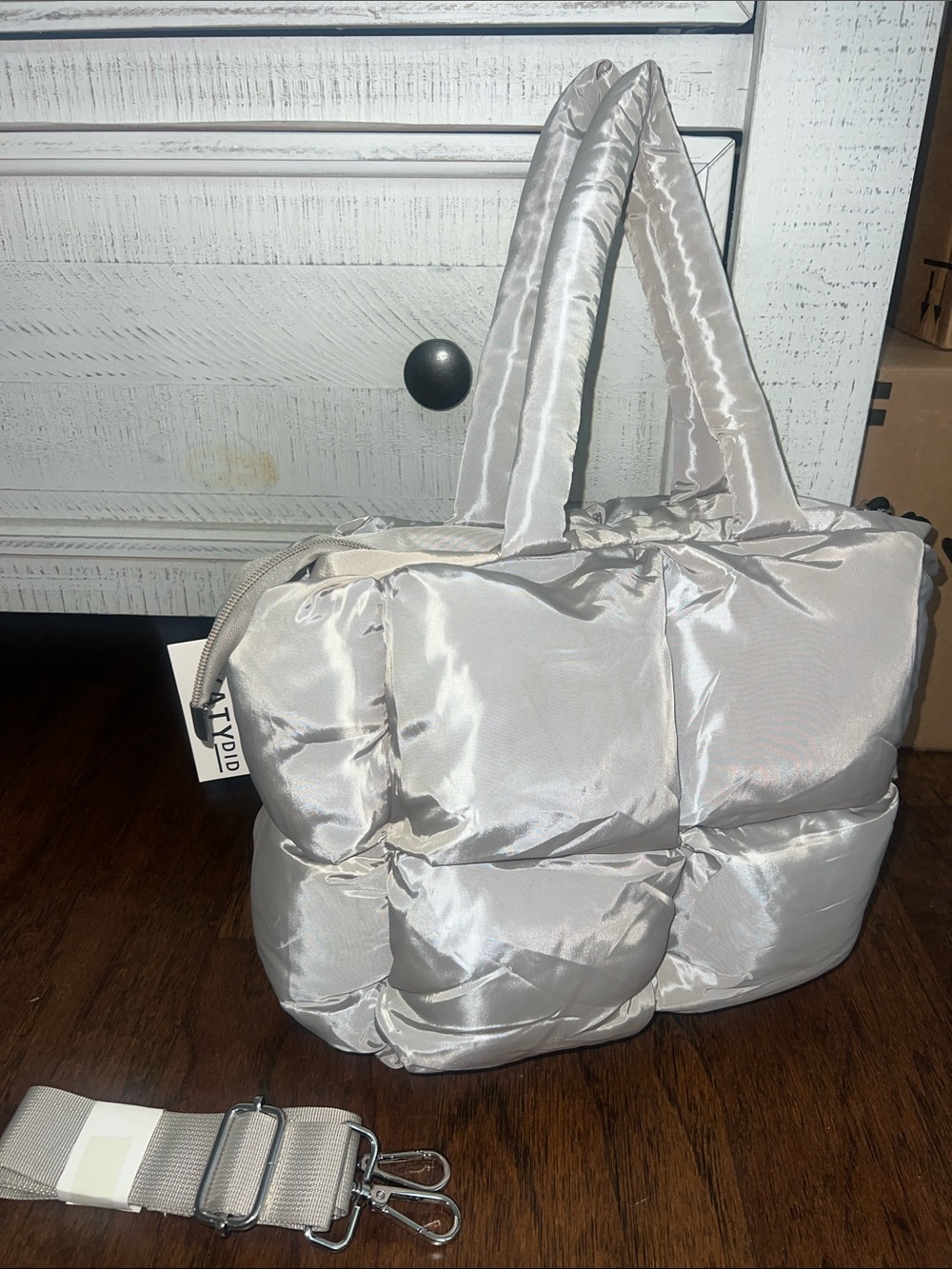 Katy Did Quilted Puffer Tote Bag in Light Silver -NWT